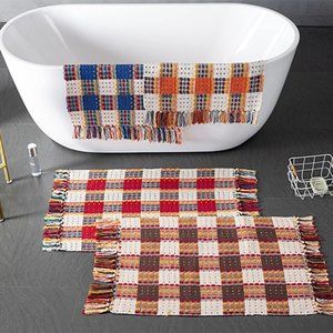 18"x28" Woven Plaid Hand Knotted Tassel Boho Small Area Rug, 4 Colors